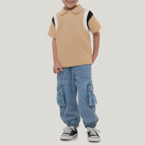 Khaki cotton lapel boys' short-sleeved T-shirt