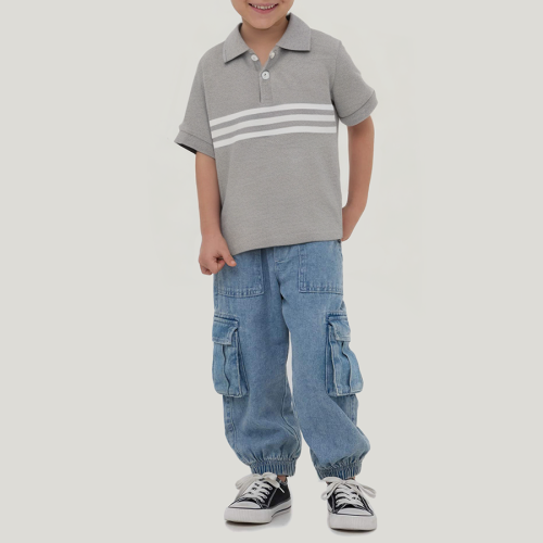 Gray lapel loose boys short-sleeved T-shirt