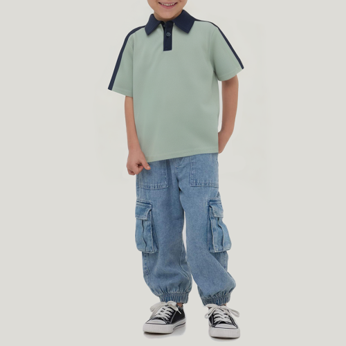 Fashionable colorblock lapel boys short-sleeved T-shirt