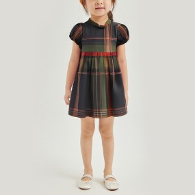 Elegant vintage plaid short-sleeved girls' dress