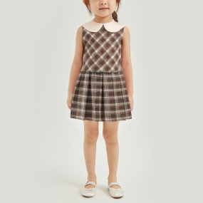 Plaid design lapel sleeveless girls dress