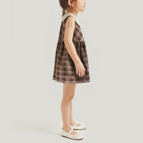 Plaid design lapel sleeveless girls dress