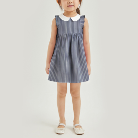 Vertical striped lapel sleeveless girl's dress