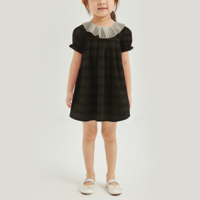 Girls' lace plaid cotton short-sleeved dress