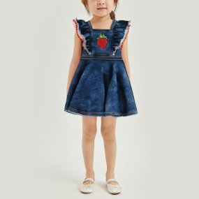 Washed square neck pleated hem girls dress