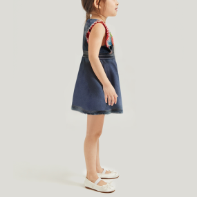 Washed square neck pleated hem girls dress