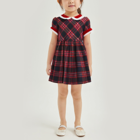 Elegant plaid lapel short-sleeved girls' dress