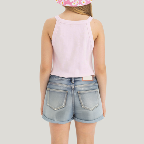 Fashionable washed and worn girls' denim shorts