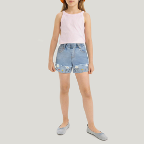 Cute embroidered floral curled denim shorts for girls
