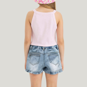Pearl flower elastic waist girls' denim shorts