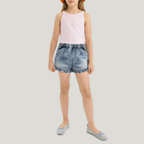 Pearl flower elastic waist girls' denim shorts