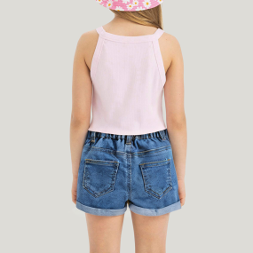 Girls denim shorts with frayed holes and rolled hems