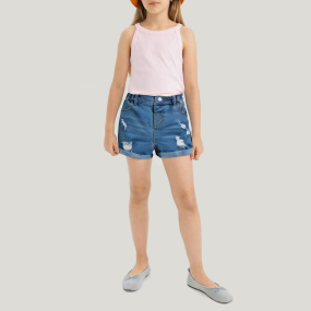 Girls denim shorts with frayed holes and rolled hems