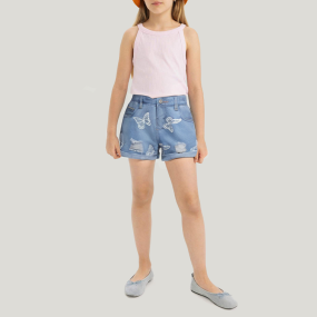 Blue butterfly pattern ripped denim shorts for girls