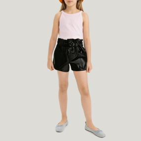 Black pleated leather girls' shorts
