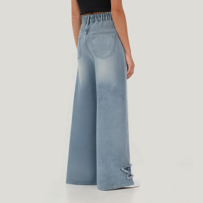 Star fray patch high waist girls denim pants