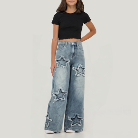 Star fray patch high waist girls denim pants