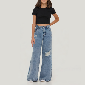 Washed casual straight girls denim pants