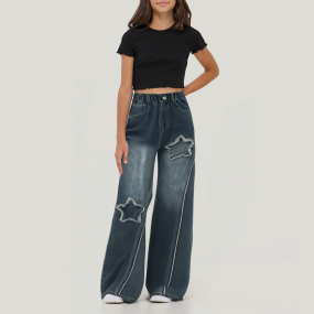 New elastic waist girls wide leg denim trousers