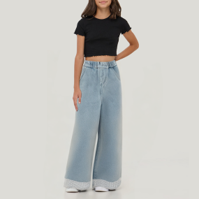 Winter plush lined girls wide leg denim pants