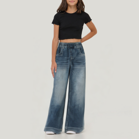 Washed girls' loose wide leg denim trousers