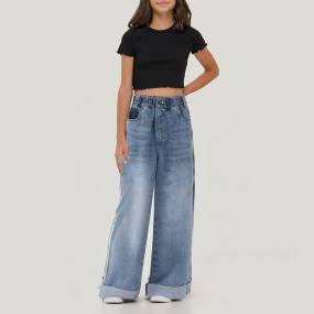 Washed frayed hem girls straight denim trousers