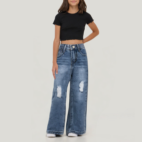Casual washed ripped straight-leg girls' denim trousers