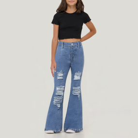 Girls' ripped and worn flared denim trousers