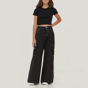 Black girls' loose workwear denim trousers