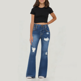 Casual worn holes girls slim fit denim trousers