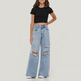 Girls' washed distressed straight denim trousers