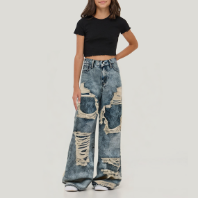 Fashionable hollow ripped girls loose denim trousers
