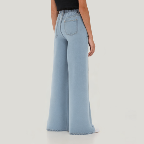 Blue elastic waist ripped girls straight jeans