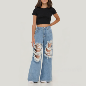 Blue elastic waist ripped girls straight jeans