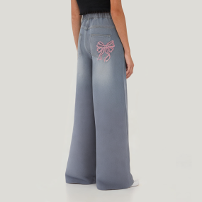 Butterfly embroidered girls' wide leg denim trousers