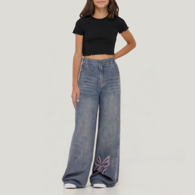 Butterfly embroidered girls' wide leg denim trousers