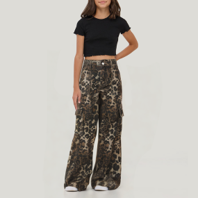 Retro leopard print girls' high waist cargo trousers