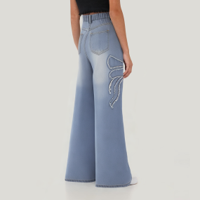 Girls' high waisted straight bow denim trousers