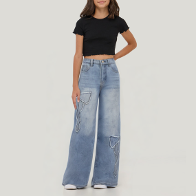 Girls' high waisted straight bow denim trousers