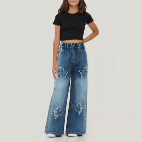 High waist elastic waist girls denim trousers