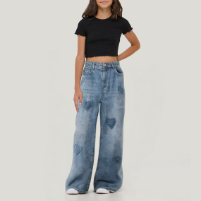 Girls' denim trousers with love appliqué embroidery