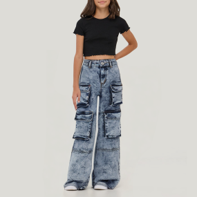 Snowflake washed multi-pocket girls' denim pants