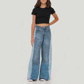 Girls' wide-leg denim trousers with splicing design