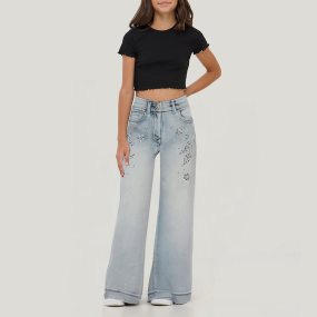 Rhinestone embellished wide-leg girls' denim trousers