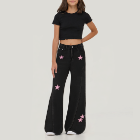 Black breathable girls flared denim trousers