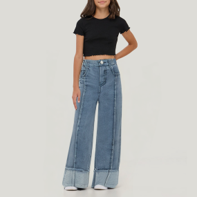 Blue elastic waist straight leg girls denim pants