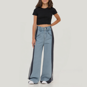 Fashion side stripe wide leg girls denim pants