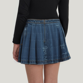 Bow print pleated girls' denim skirt