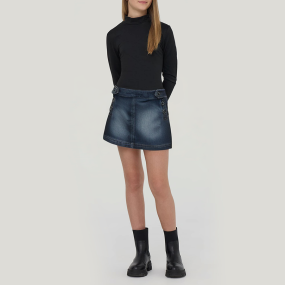 Washed faded button girls denim skirt