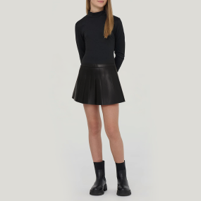 Black smooth pleated leather girls' skirt